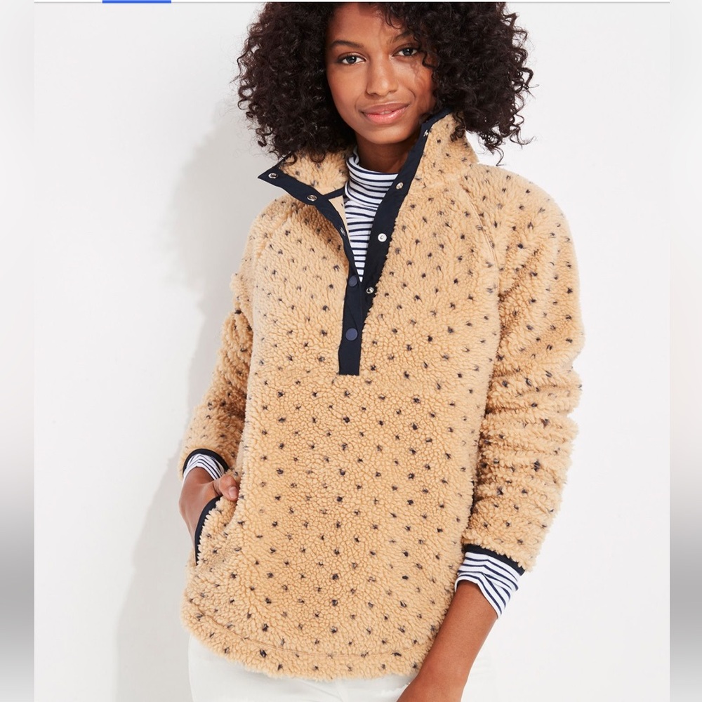 Vineyard Vines Tan Sherpa Snap-Placket Jacket with Navy Trim medium nwt cute